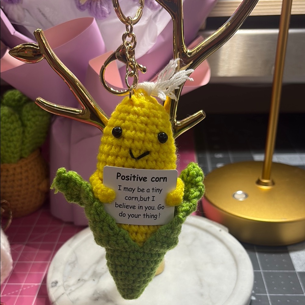 Crochet Corn Keychain with Positive Message